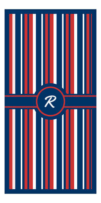 Thumbnail for Personalized 5 Color Stripes 4 Repeat Beach Towel - Vertical - Red White and Blue - Circle with Ribbon Frame - Front View