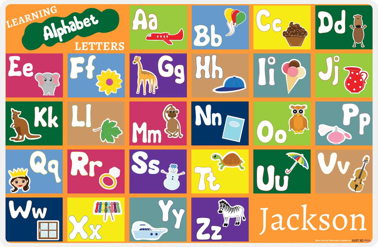 Personalized Activity Placemat - Learning Alphabet I - Orange Background -  View