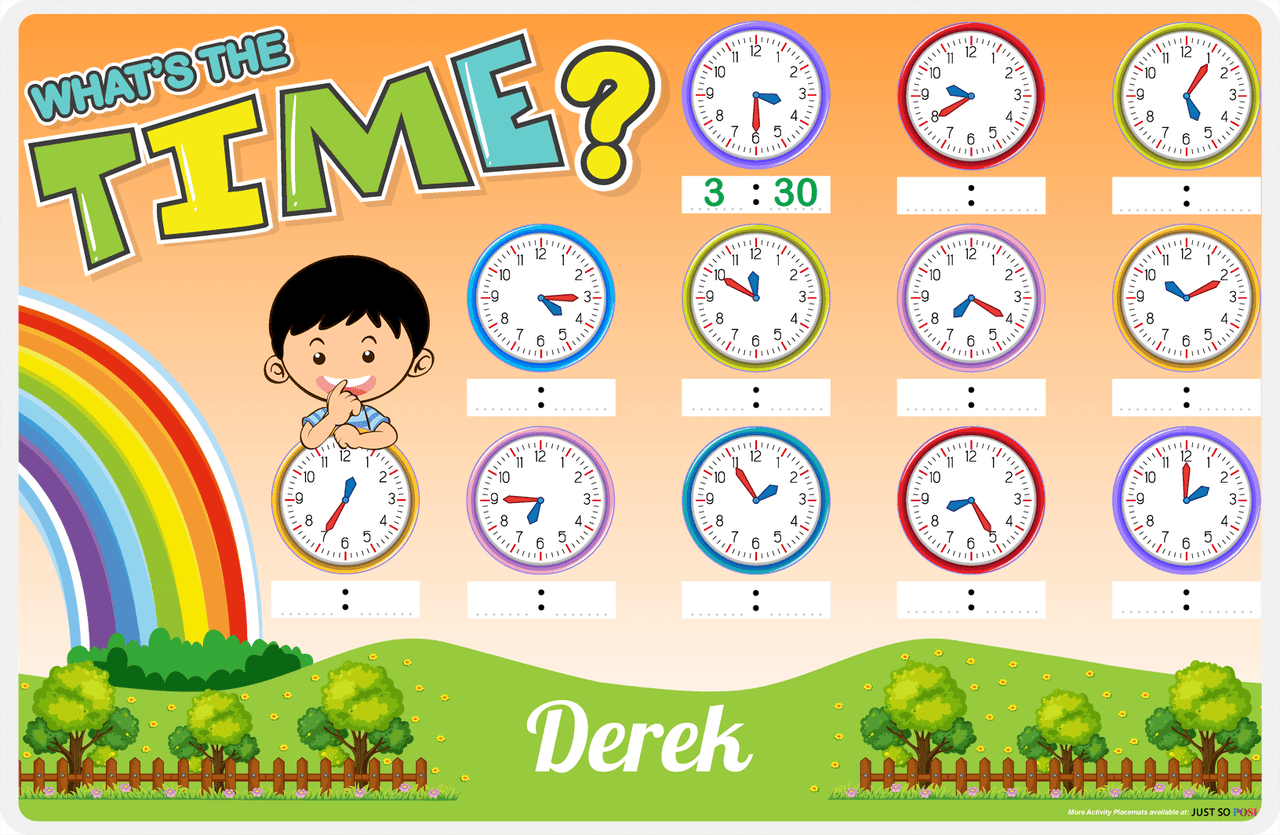 Personalized Activity Placemat - Telling Time II - Black Hair Boy -  View