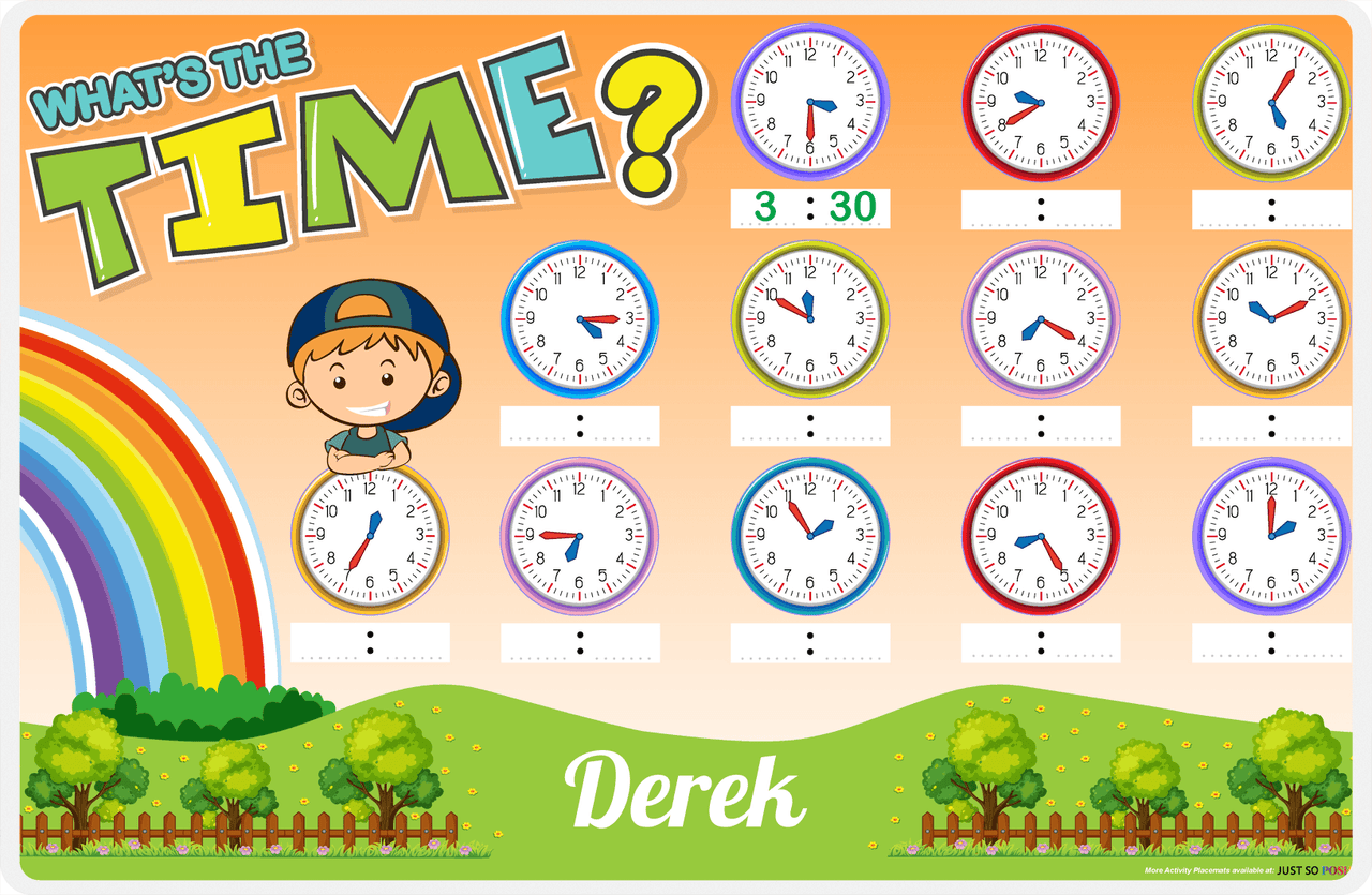 Personalized Activity Placemat - Telling Time II - Redhead Boy -  View