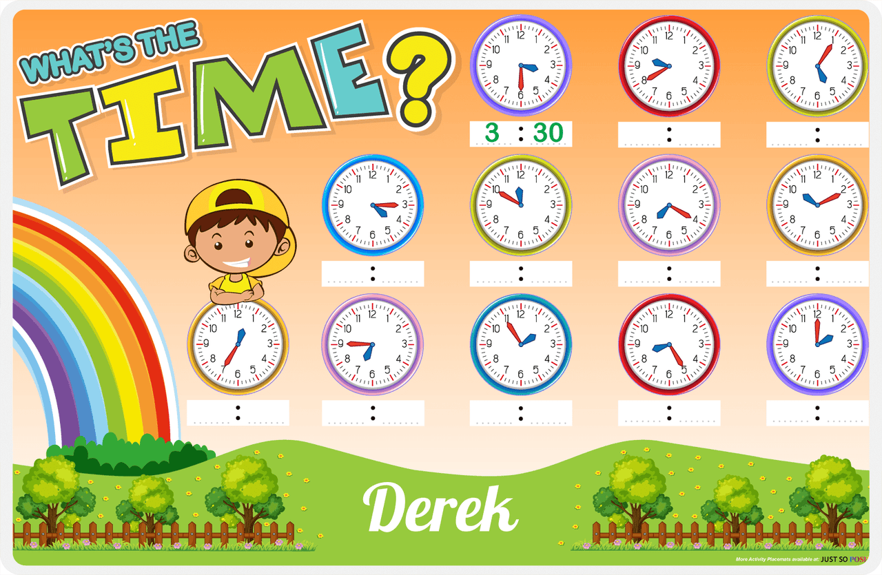 Personalized Activity Placemat - Telling Time II - Brown Hair Boy II -  View