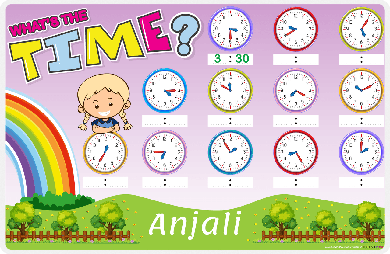 Personalized Activity Placemat - Telling Time III - Blonde Girl -  View