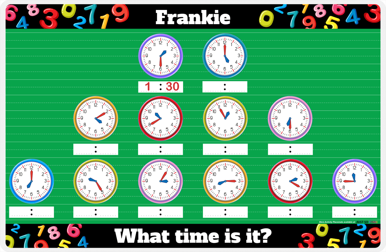 Personalized Activity Placemat - Telling Time V - Read the Clock -  View