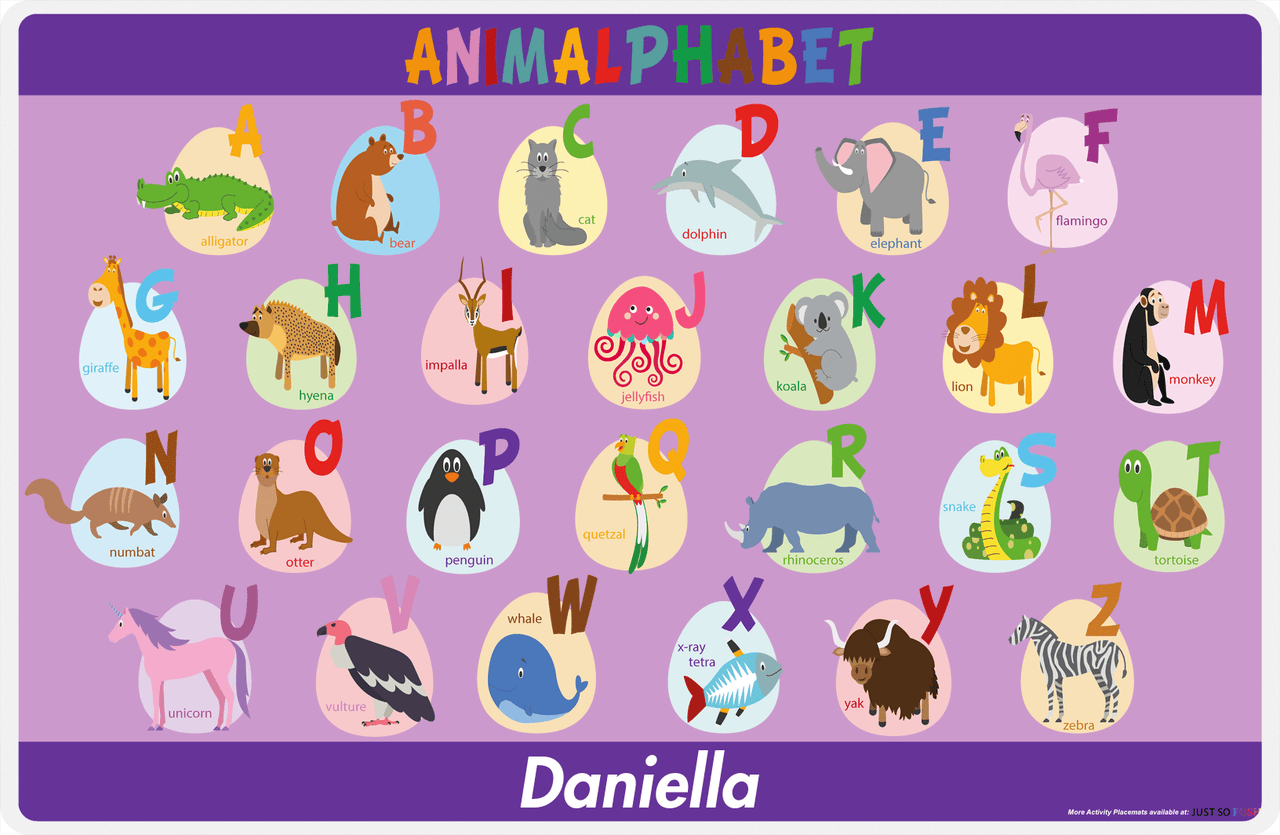 Personalized Activity Placemat - Learning Alphabet III - Purple Background -  View