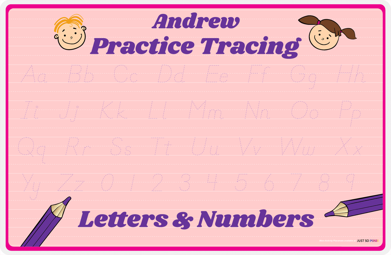 Personalized Activity Placemat - Tracing Alphabet I - Pink Background -  View