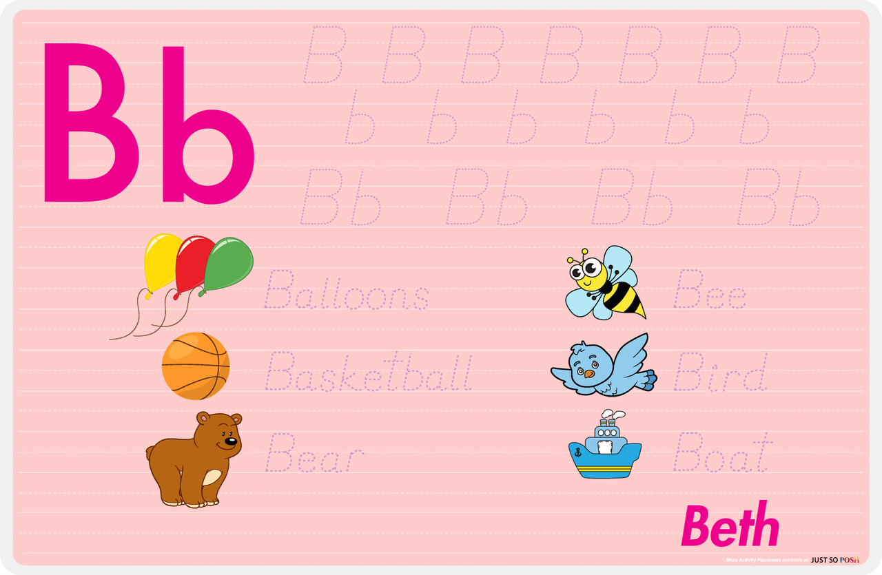Personalized Activity Placemat - Tracing Letter B - Pink Background -  View