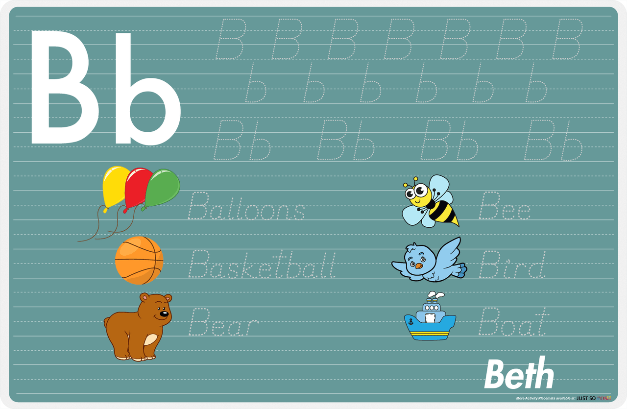 Personalized Activity Placemat - Tracing Letter B - Teal Background -  View