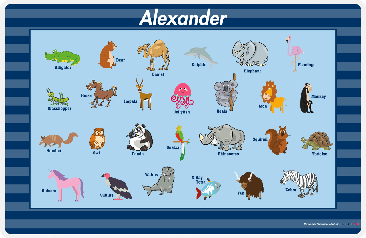 Personalized Activity Placemat - Learning Animals III - Blue Background -  View