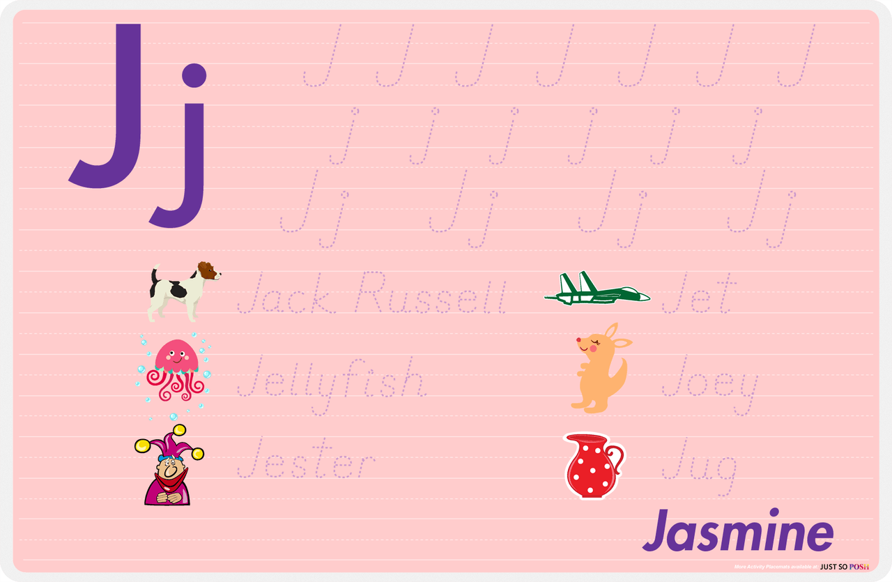 Personalized Activity Placemat - Tracing Letter J - Pink Background -  View