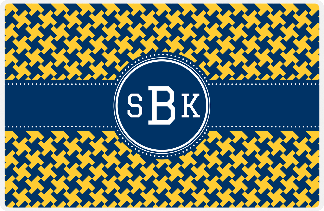 Personalized Alternate Houndstooth Placemat - Navy and Mustard - Navy Circle Frame with Ribbon -  View