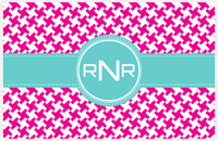Thumbnail for Personalized Alternate Houndstooth Placemat - Hot Pink and White - Viking Blue Circle Frame with Ribbon -  View
