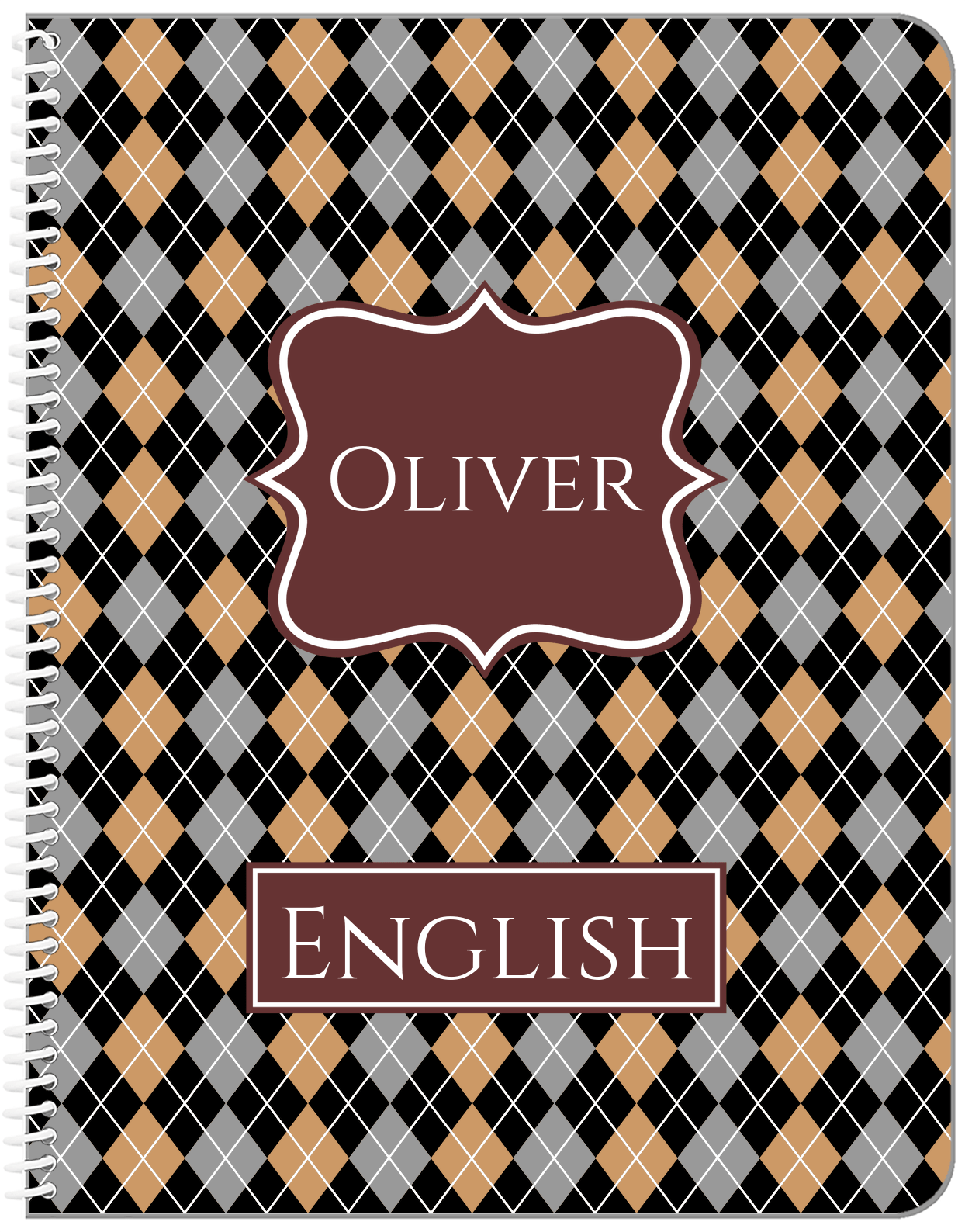 Personalized Argyle Notebook - Black and Brown - Fancy Nameplate - Front View