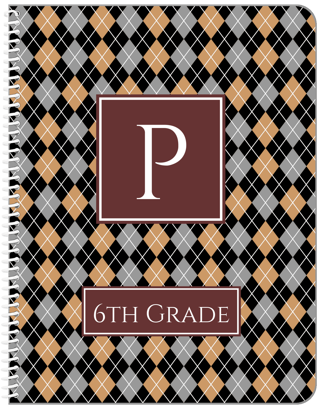 Personalized Argyle Notebook - Black and Brown - Square Nameplate - Front View