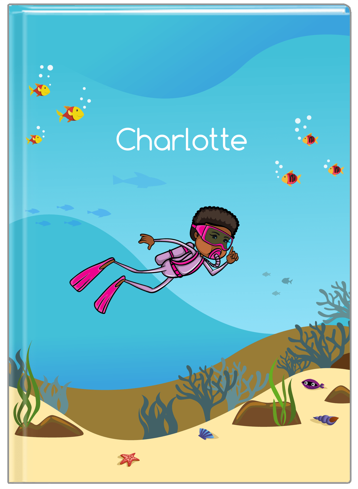 Personalized Beach Journal VII - Scuba Diving - Black Girl II - Front View