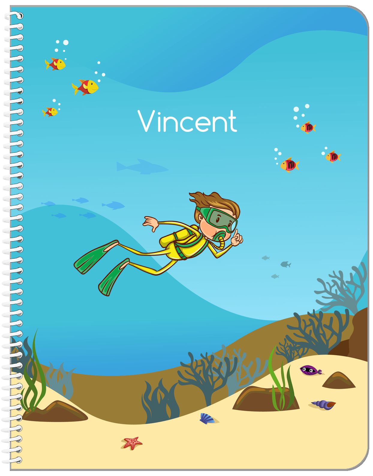 Personalized Beach Notebook IV - Scuba Diving - Brown Hair Boy - Front View
