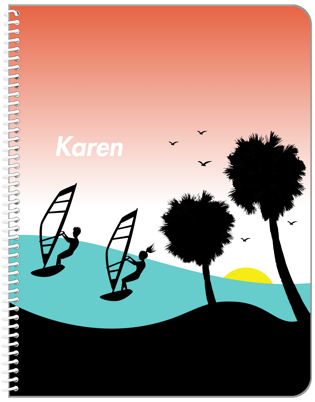 Personalized Beach Notebook XVI - Windsurfing - Orange Background - Front View