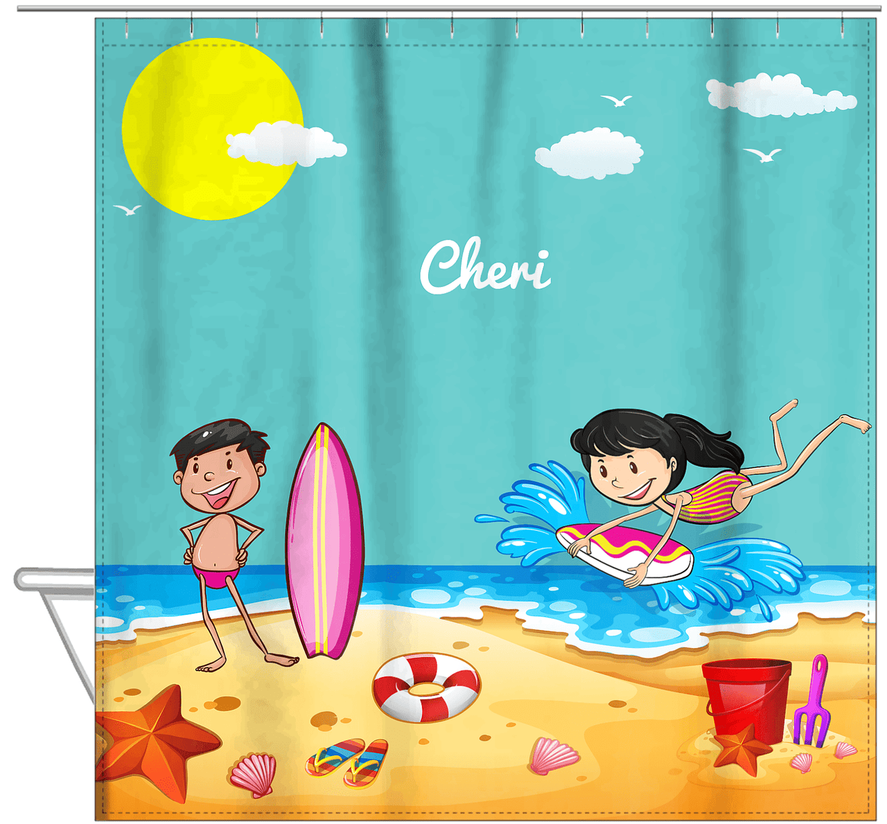 Personalized Beach Shower Curtain X - Body Boarding - Black Hair Girl - Hanging View