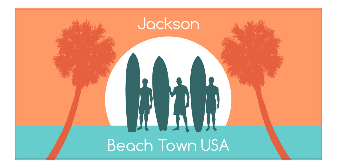 Personalized Beach-Themed Beach Towel XVII - Beach Town - Orange Background - Front View