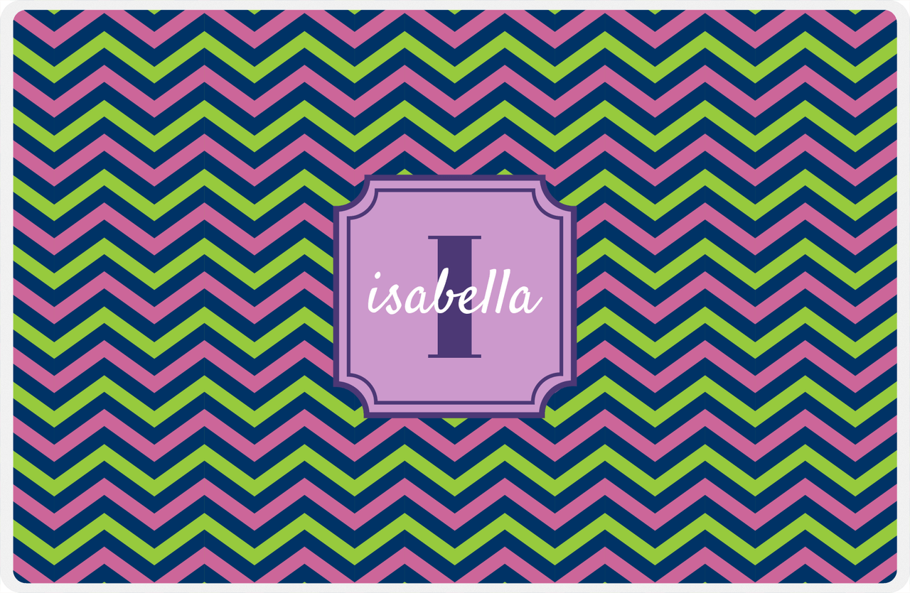 Personalized Chevron II Placemat - Name Over Initial - Lime, Navy, Orchid - Stamp Frame -  View