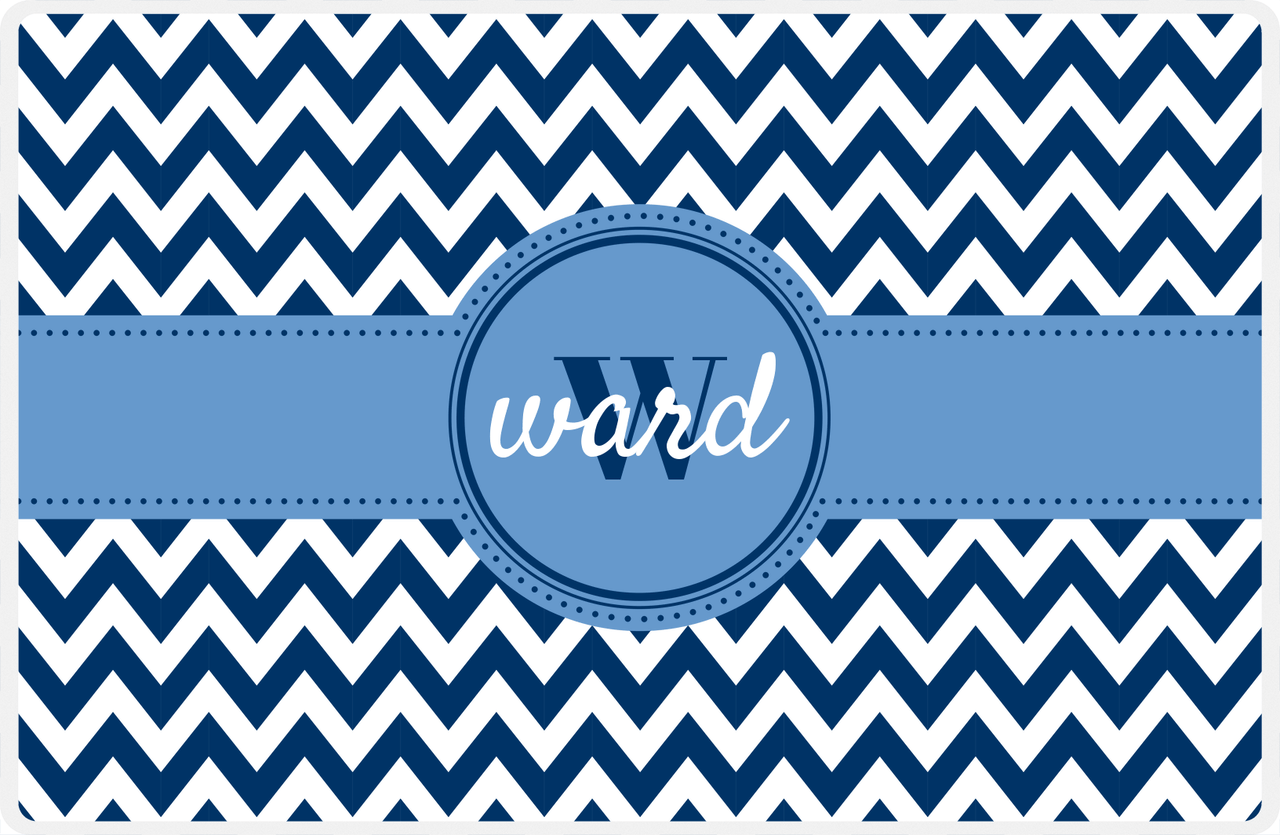 Personalized Chevron III Placemat - Name Over Initial - Blue and White - Circle Ribbon Nameplate -  View