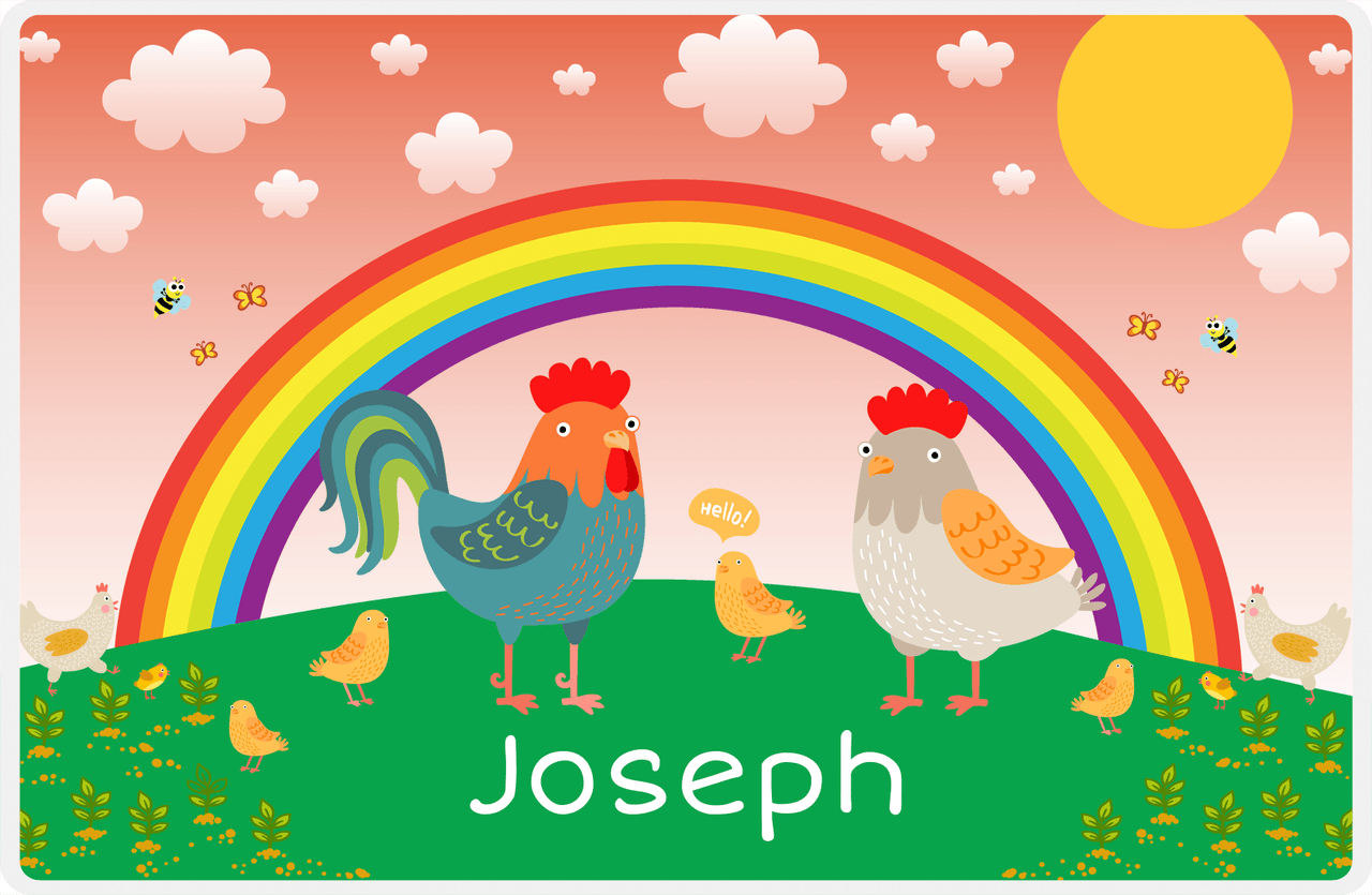 Personalized Chickens Placemat XII - Rainbow Hello - Orange Background -  View