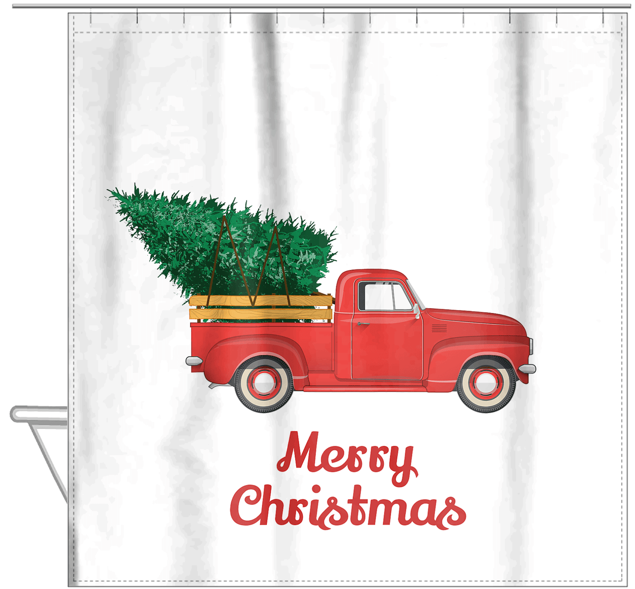 Personalized Christmas Shower Curtain - Old Red Truck with Christmas Tree - Hanging View