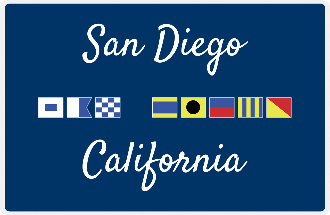 Personalized City & State Nautical Flags Placemat - Blue Background - White Border Flags - San Diego, California -  View
