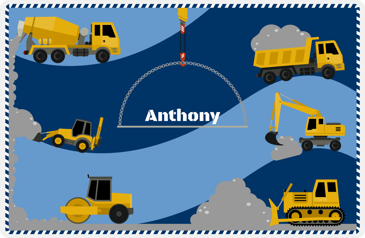Personalized Construction Placemat - All Trucks - Glacier Background with Navy and White Border -  View