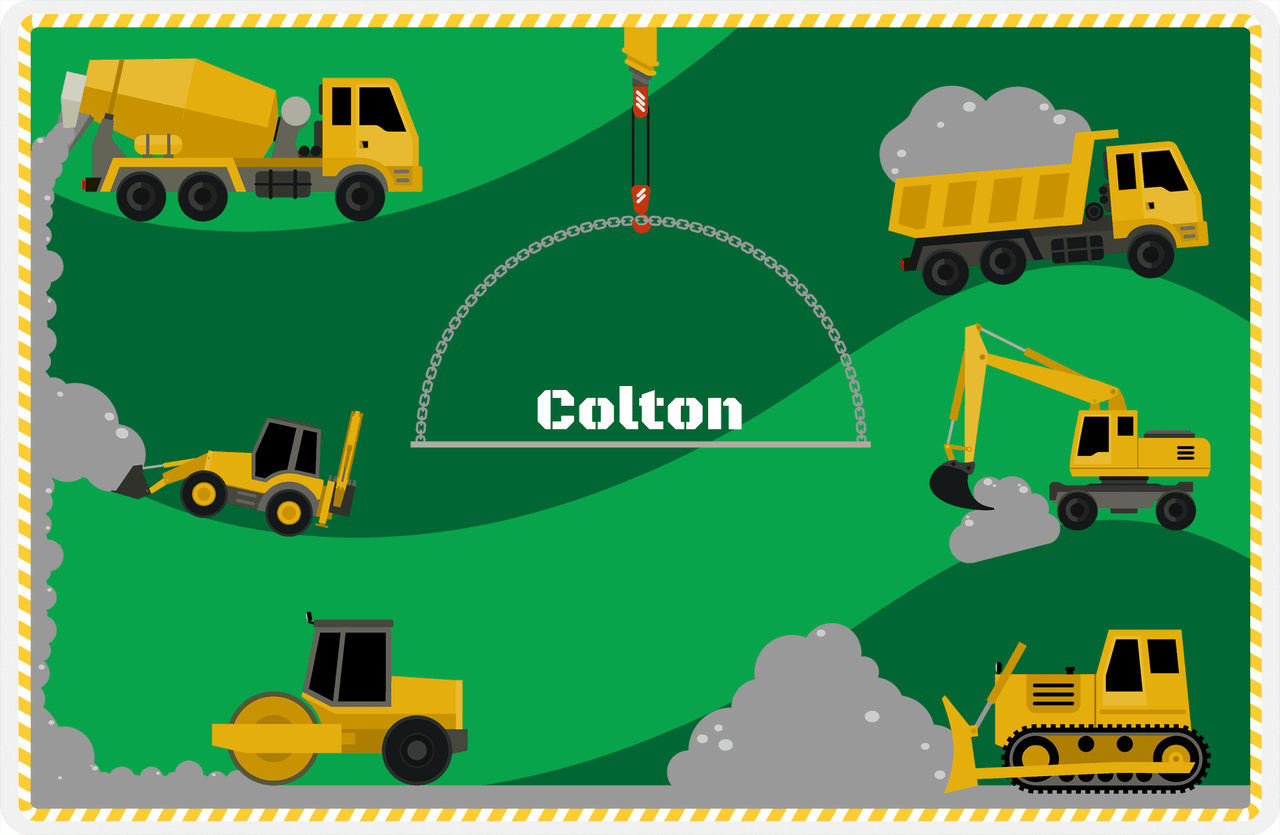 Personalized Construction Placemat - All Trucks - Green Background with Mustard and White Border -  View