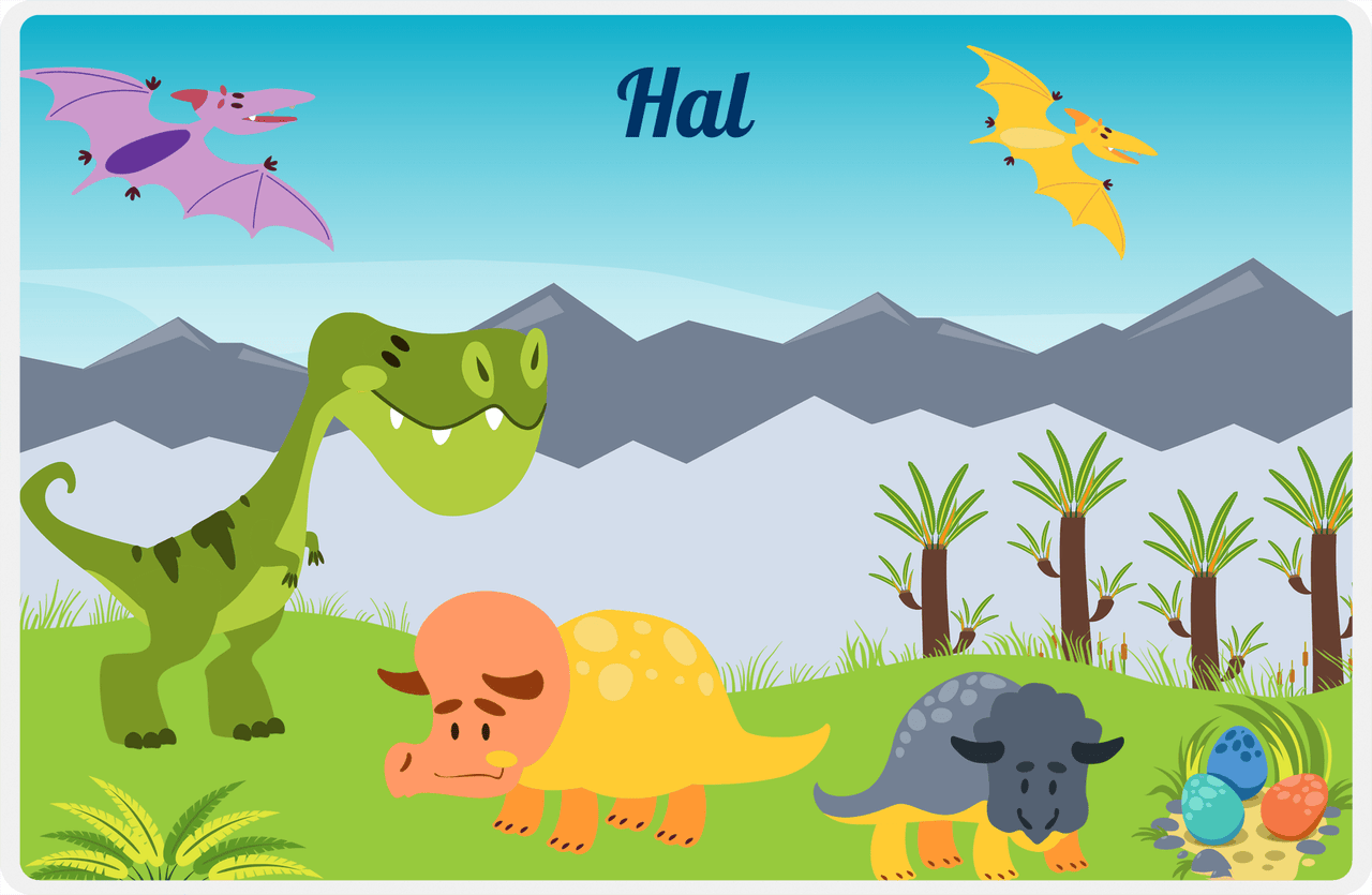 Personalized Dinosaur Placemat - Dinosaur VIII - Lime Grass with Clear Sky -  View
