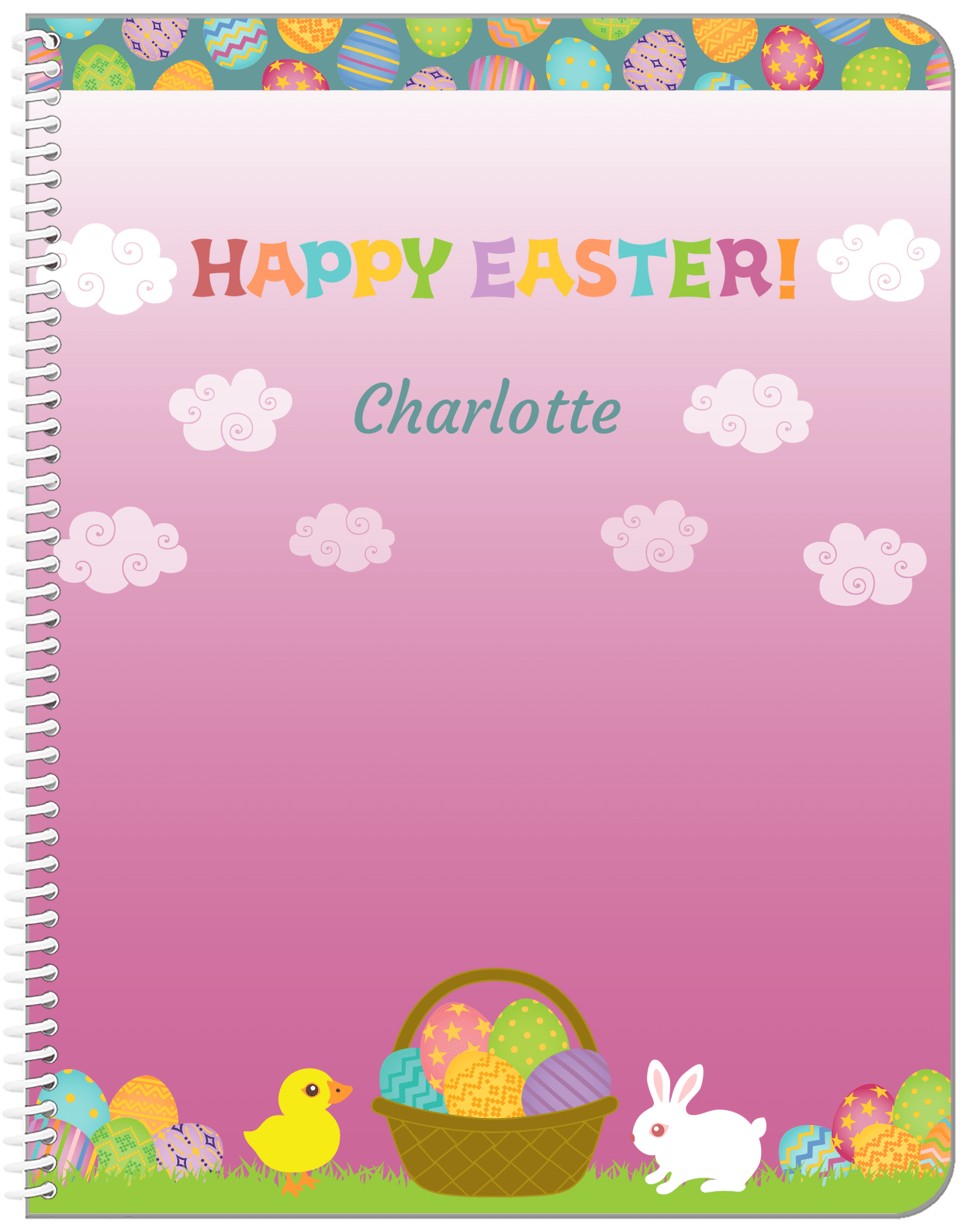 Personalized Easter Notebook V - Easter Basket - Pink Background - Front View
