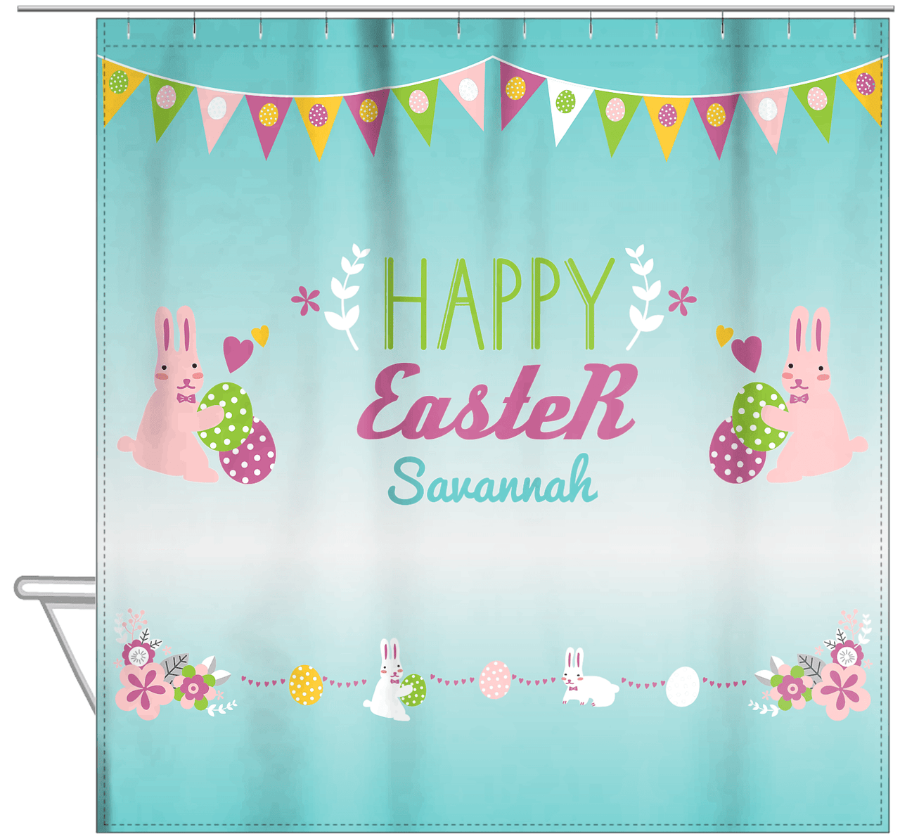 Personalized Easter Shower Curtain II - Easter Bunny - Teal Background - Hanging View