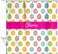 Thumbnail for Personalized Easter Shower Curtain IV - Egg Pattern - Ribbon Nameplate - Hanging View
