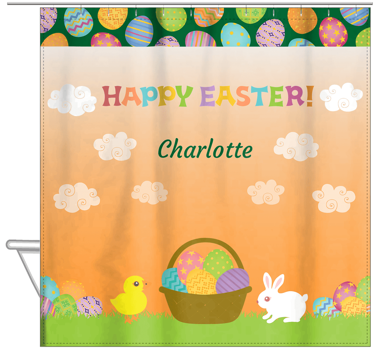 Personalized Easter Shower Curtain V - Easter Basket - Orange Background - Hanging View