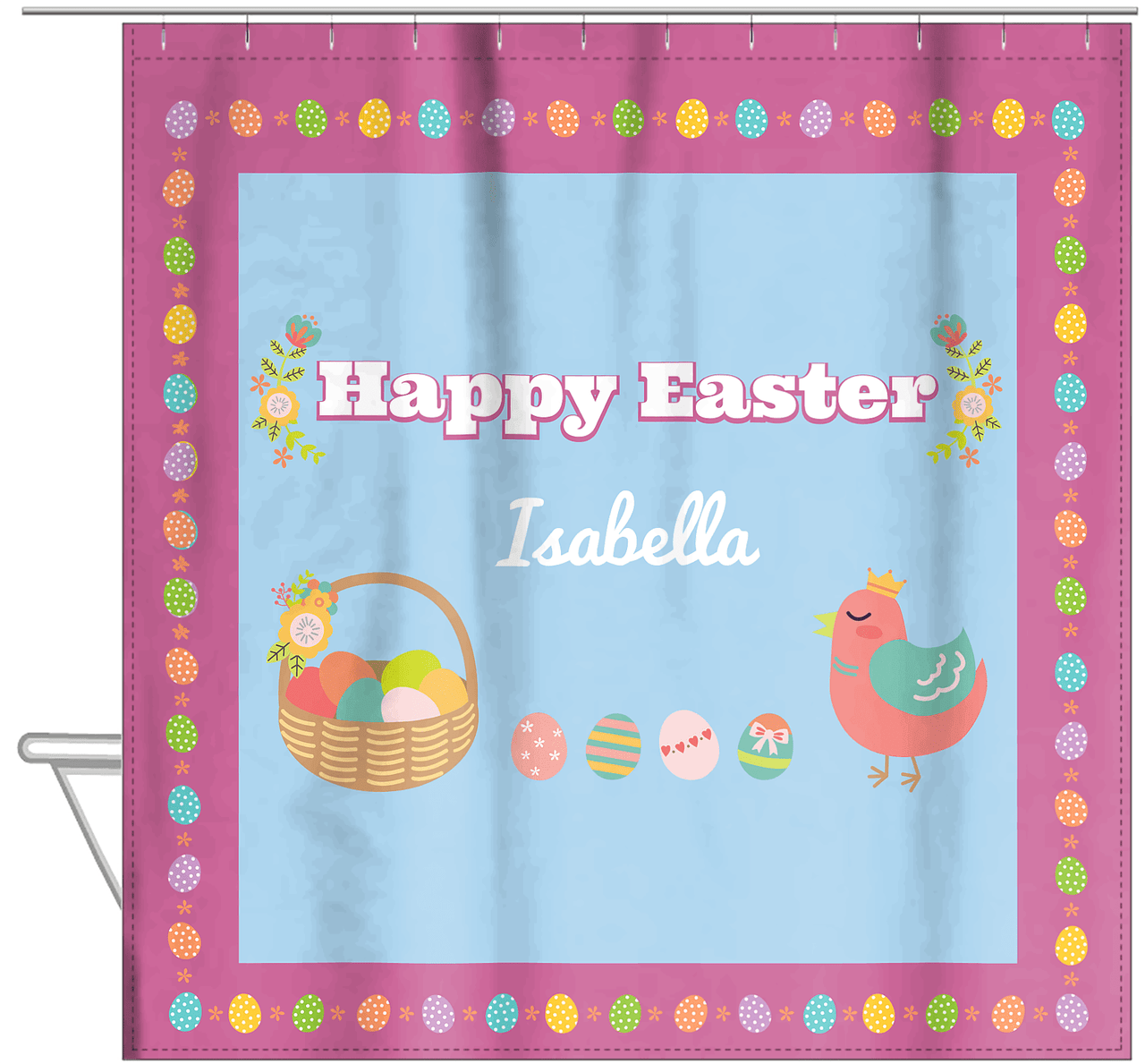 Personalized Easter Shower Curtain VII - Easter Eggs - Pink Background - Hanging View