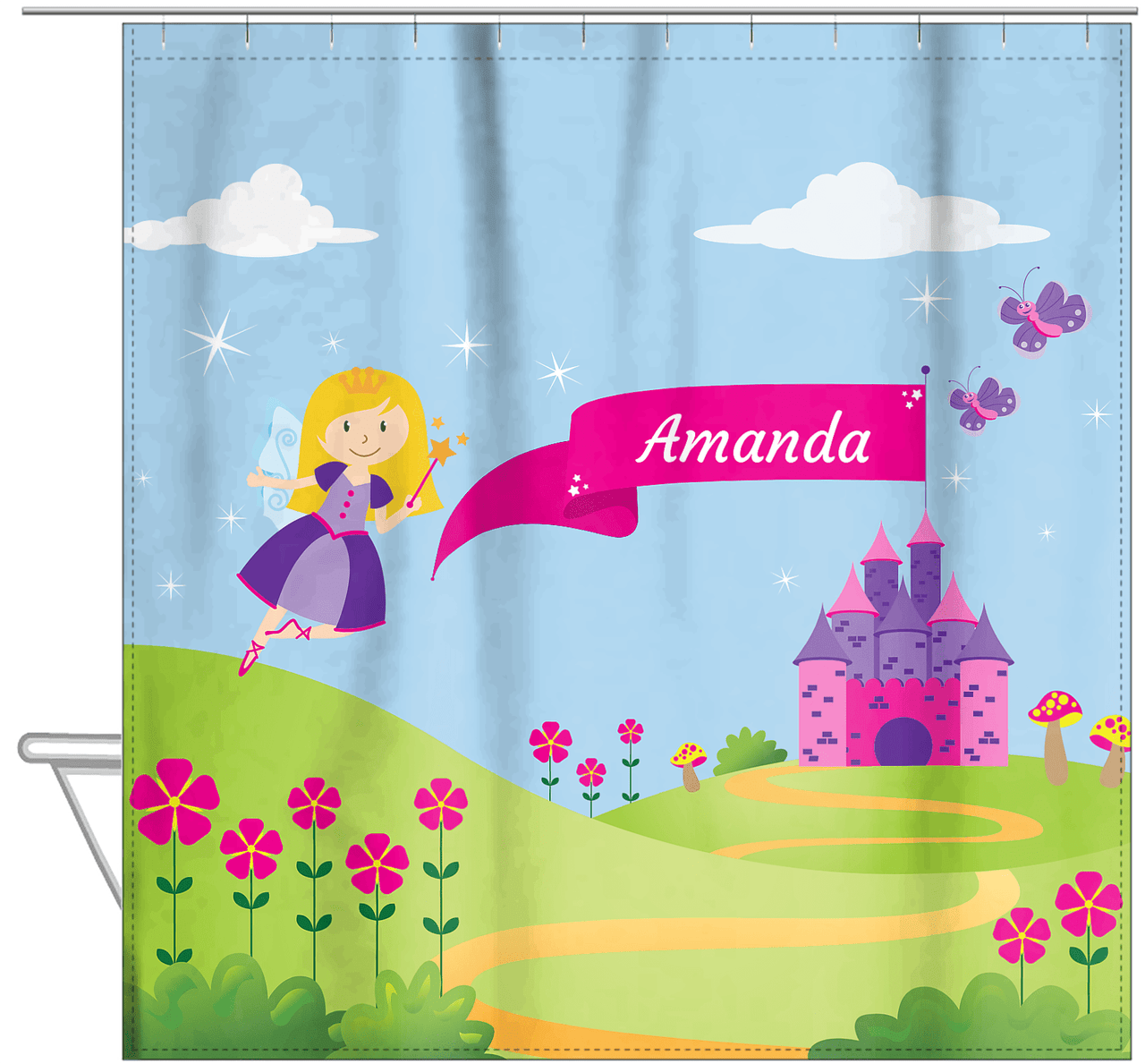 Personalized Fairy Shower Curtain I - Castle Hill - Blonde Fairy - Hanging View