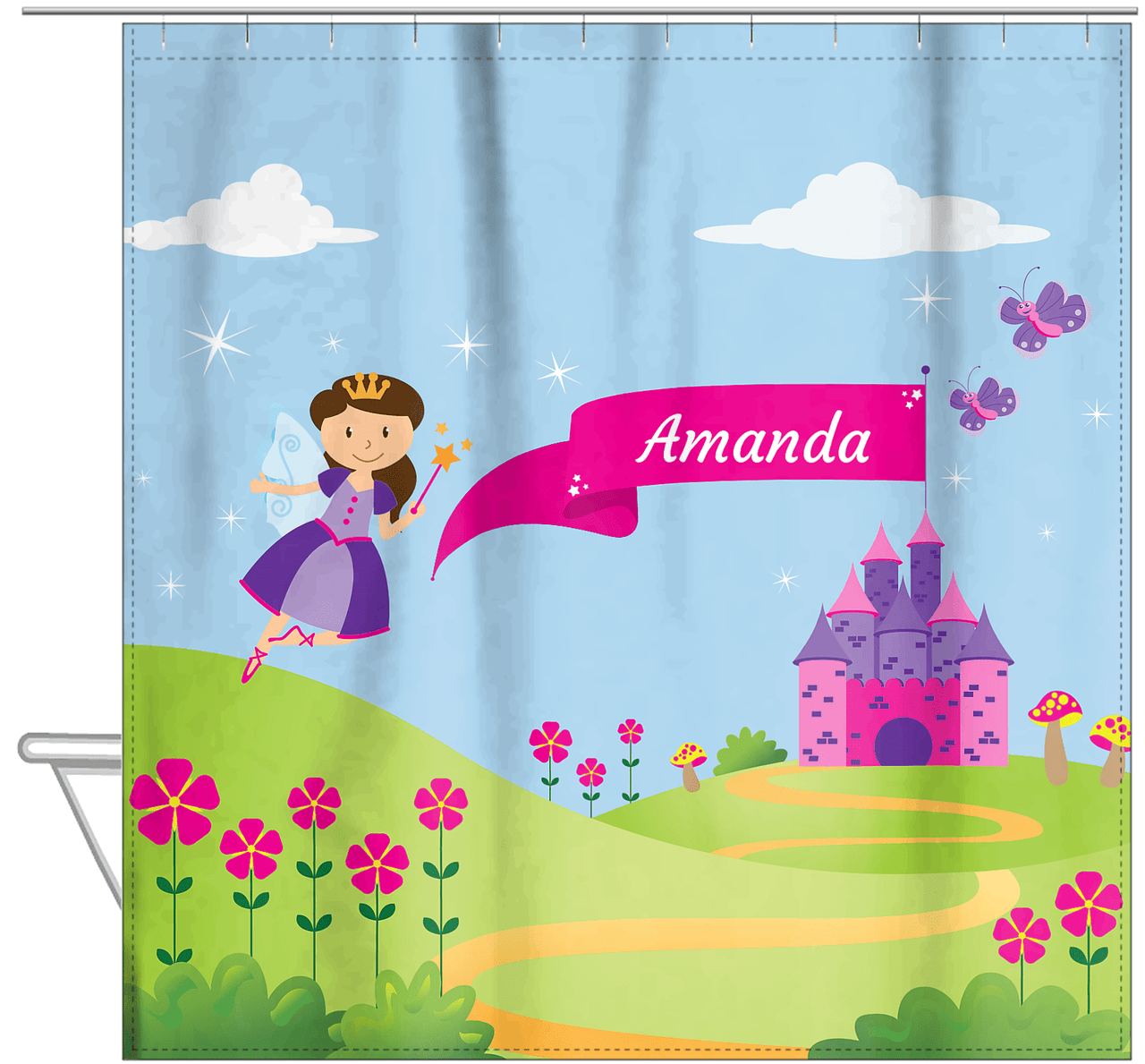 Personalized Fairy Shower Curtain I - Castle Hill - Brunette Fairy - Hanging View