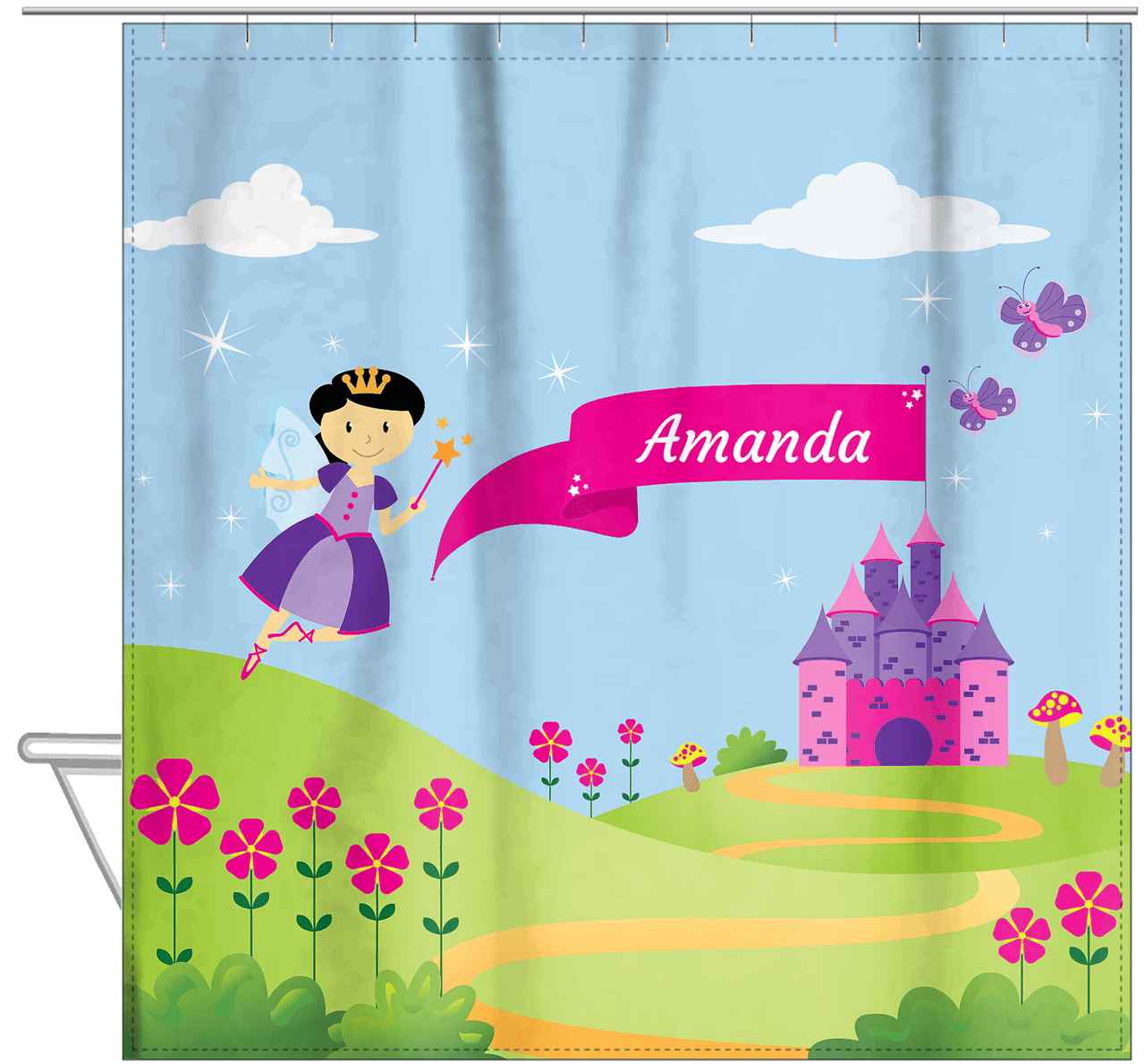 Personalized Fairy Shower Curtain I - Castle Hill - Black Hair Fairy II - Hanging View