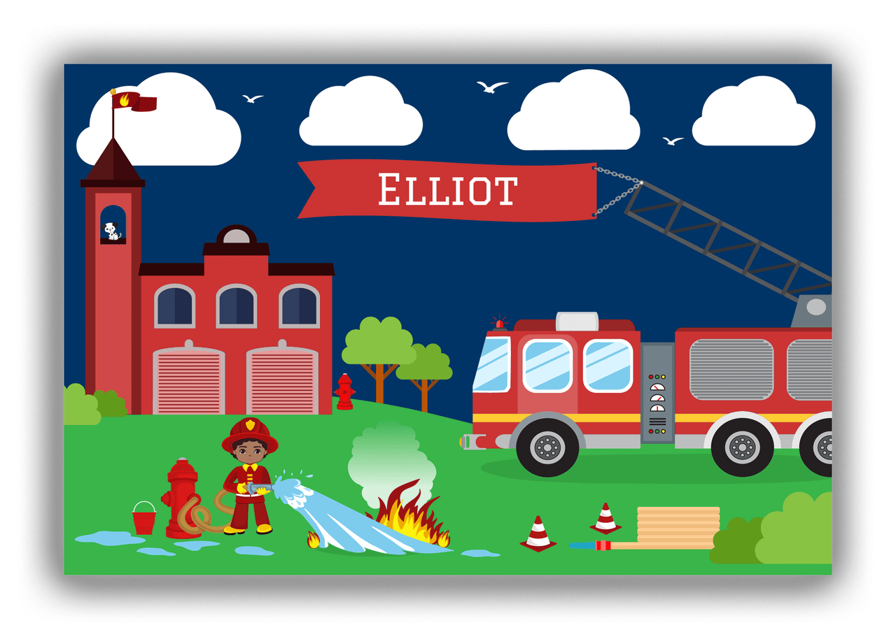 Personalized Fire Truck Canvas Wrap & Photo Print VIII - Blue Background with Black Boy - Front View