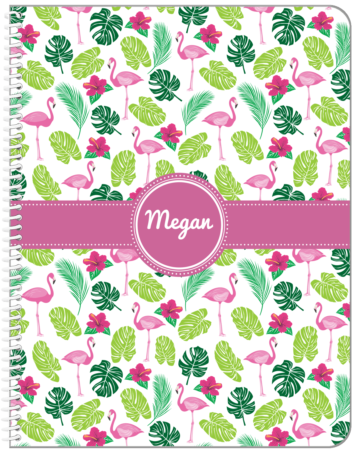 Personalized Flamingos Notebook I - Hibiscus - Circle Ribbon Nameplate - Front View