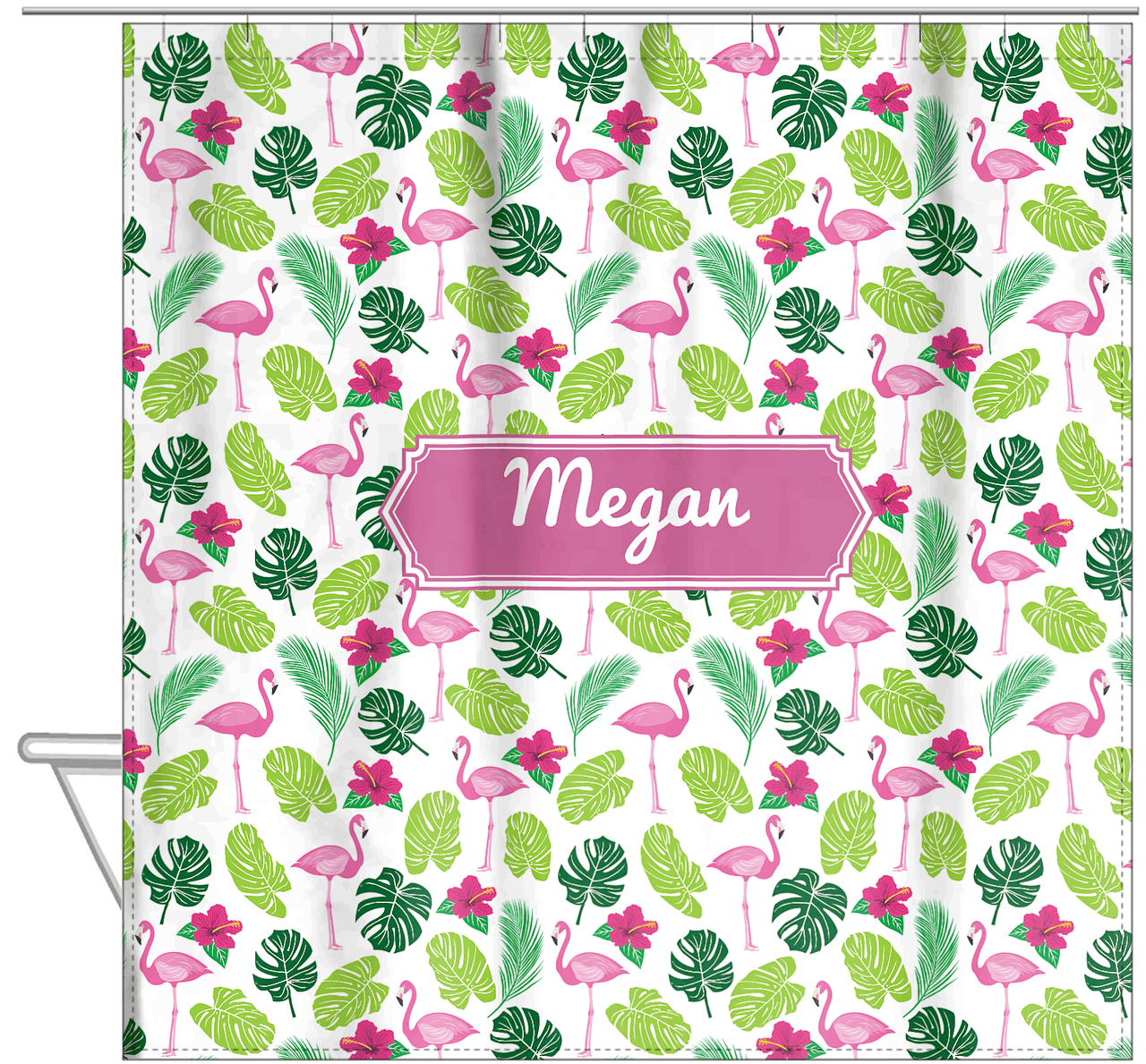 Personalized Flamingos Shower Curtain I - Hibiscus - Decorative Rectangle Nameplate - Hanging View