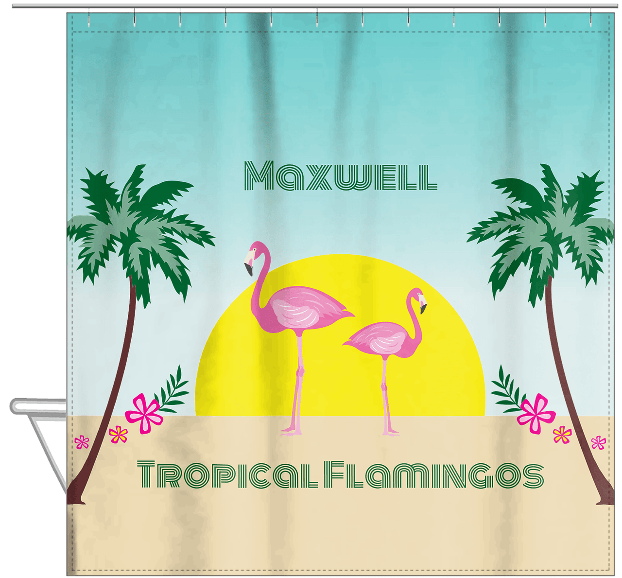 Personalized Flamingos Shower Curtain II - Tropical - Teal Background - Hanging View
