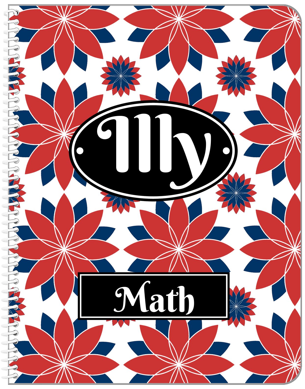 Personalized Flower Burst Notebook - Red and Blue - Oval Nameplate - Front View