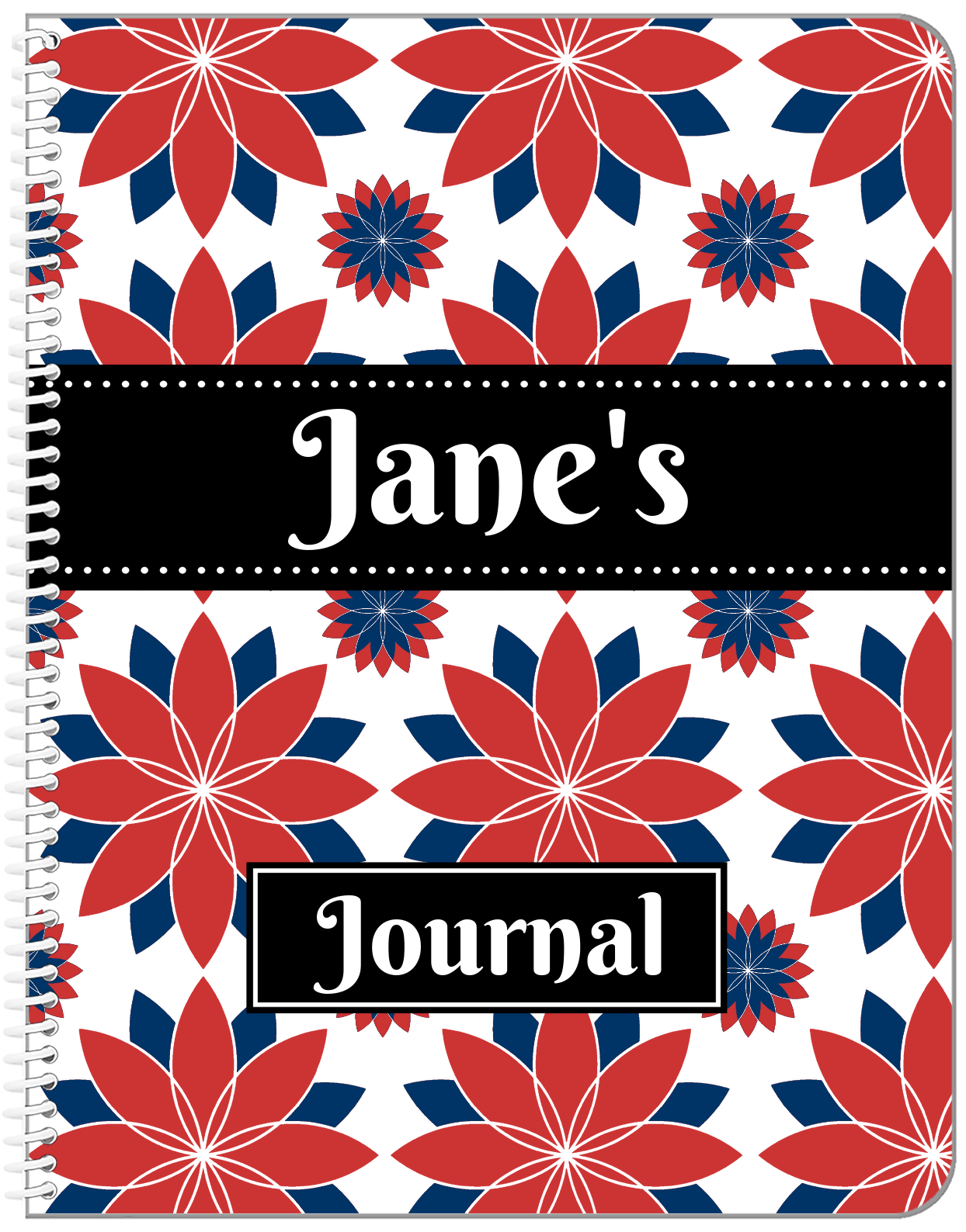 Personalized Flower Burst Notebook - Red and Blue - Ribbon Nameplate - Front View
