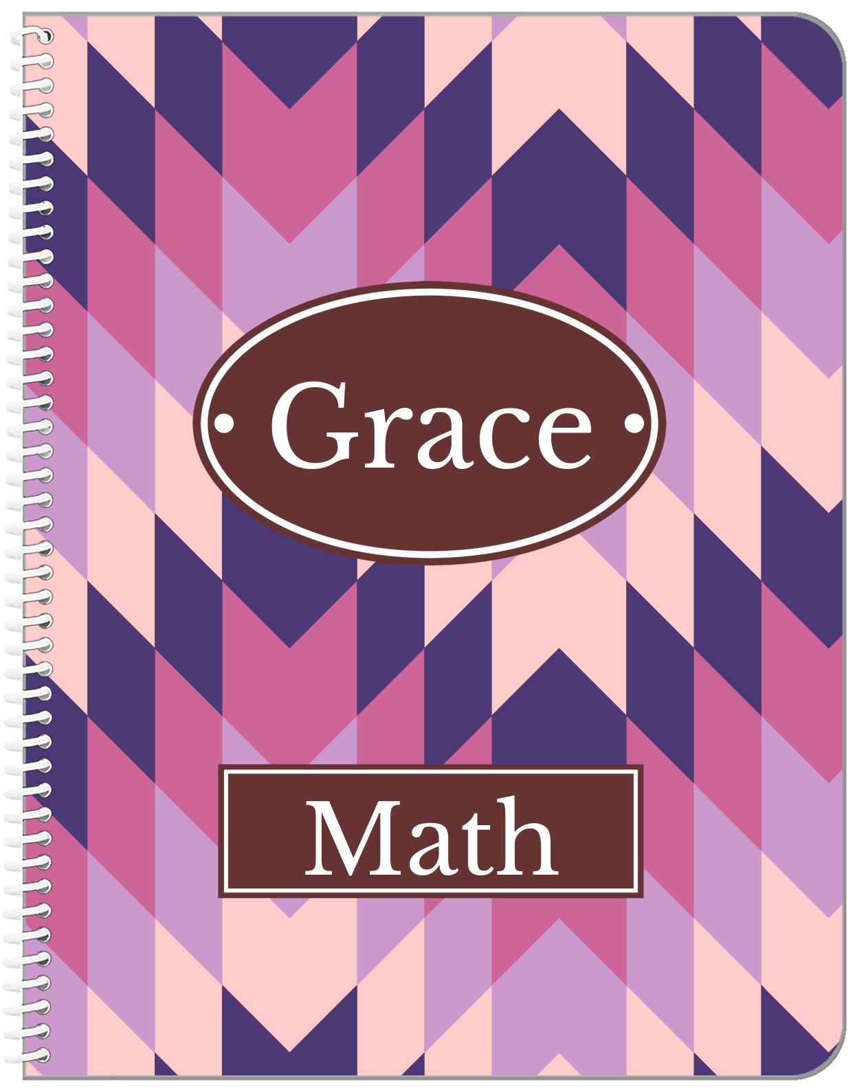 Personalized Funky Arrows Notebook - Purple and Brown - Oval Nameplate - Front View
