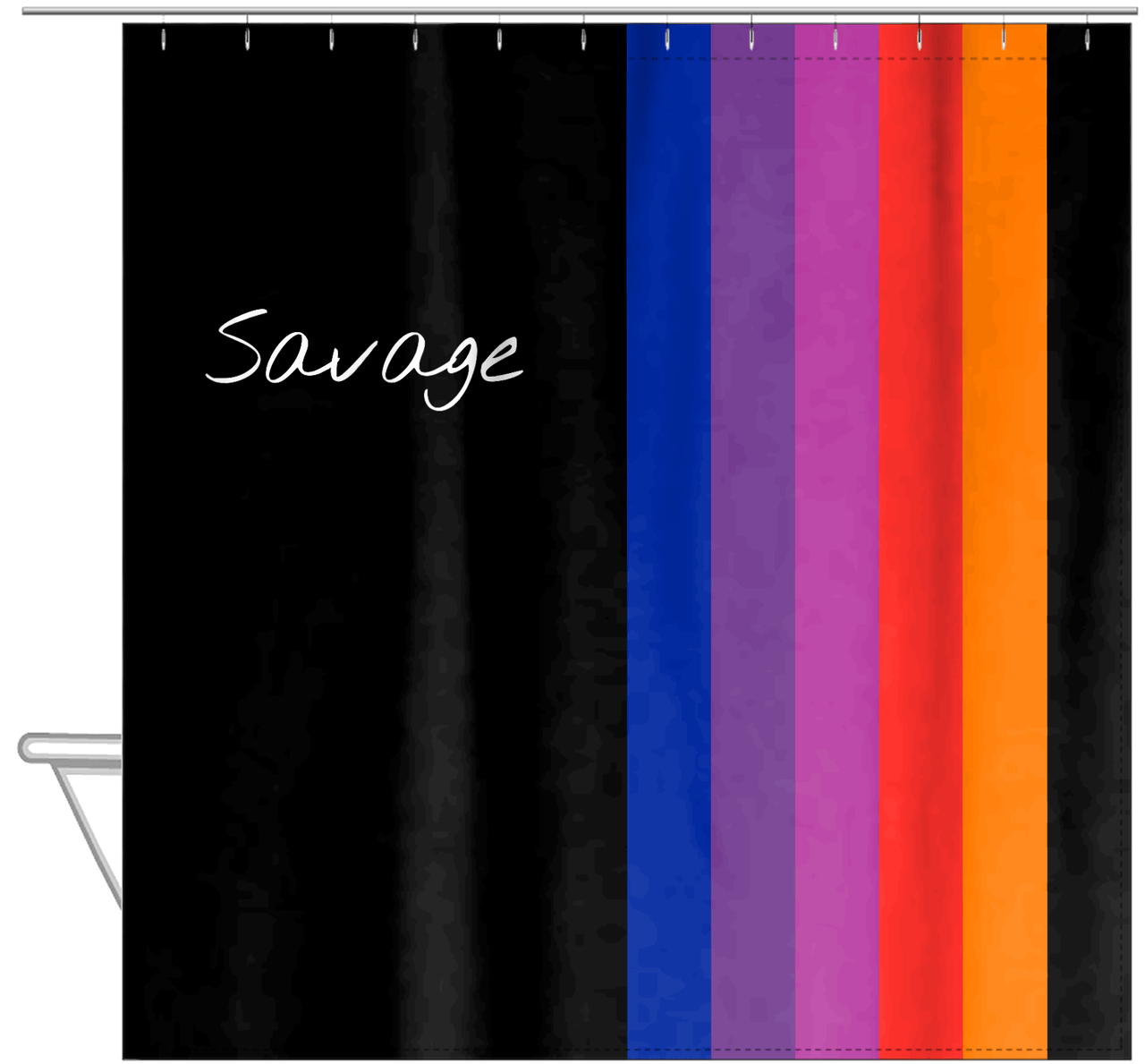 Personalized Fun Stripes Shower Curtain - Black Background - Savage - Hanging View