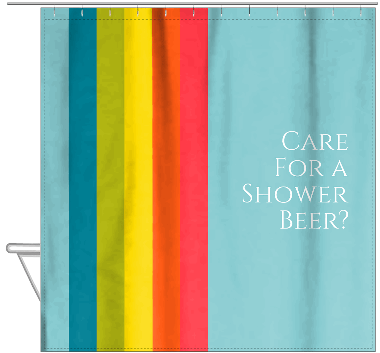 Personalized Fun Stripes Shower Curtain - Blue Background - Shower Beverage - Hanging View