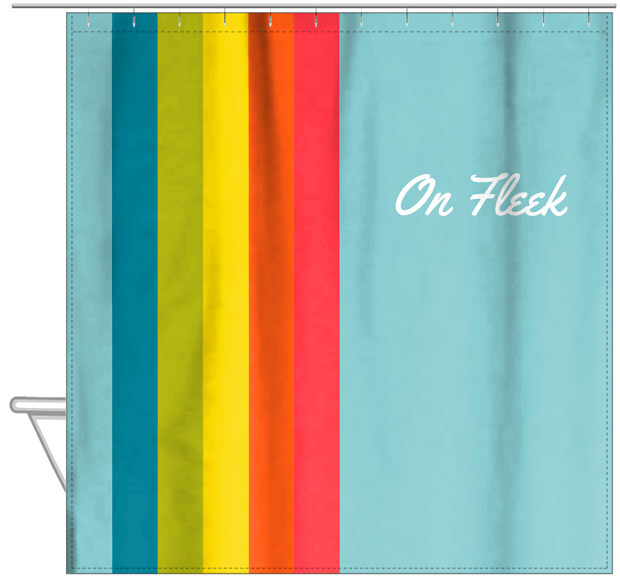 Personalized Fun Stripes Shower Curtain - Blue Background - On Fleek - Hanging View