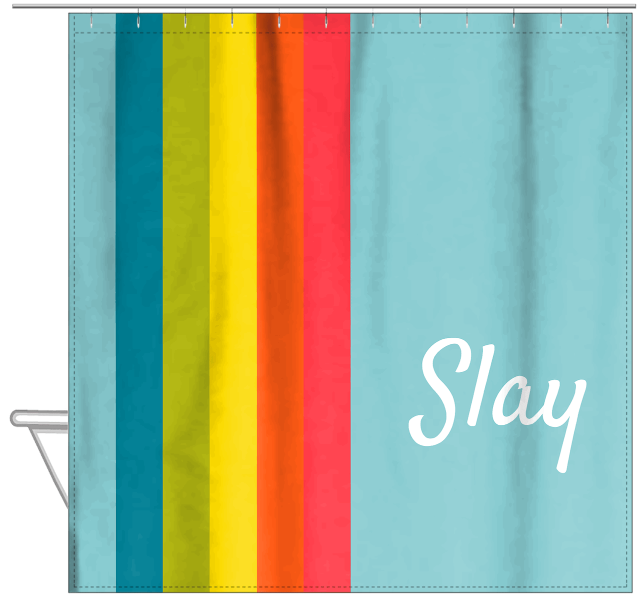 Personalized Fun Stripes Shower Curtain - Blue Background - Slay - Hanging View