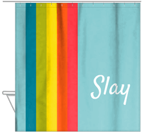 Thumbnail for Personalized Fun Stripes Shower Curtain - Blue Background - Slay - Hanging View